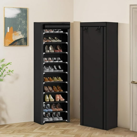 Tall Slim Narrow Shoe Rack with Dustproof Cover - 10 Tier Space-Saving Storage Organizer for Entryway, Closets