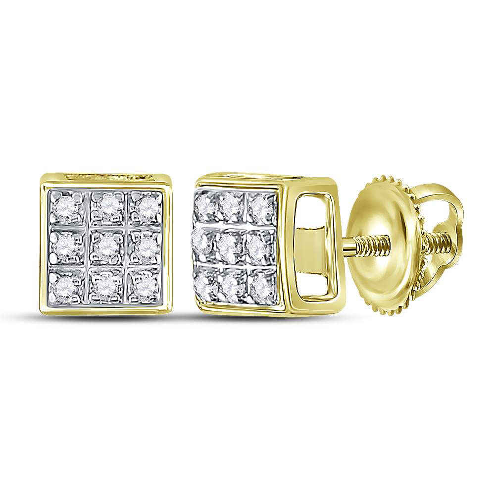 GnD 10kt Yellow Gold Mens Round Diamond Square Cluster Stud Earrings