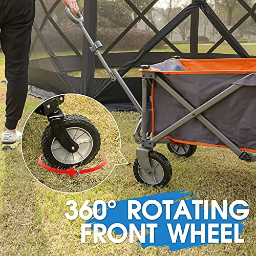 PORTAL Collapsible Folding Wagon Utility Cart Foldable Heavy Duty All Terrain Wagon for Outdoor, Camping, Beach, Garden, Grocery, Orange
