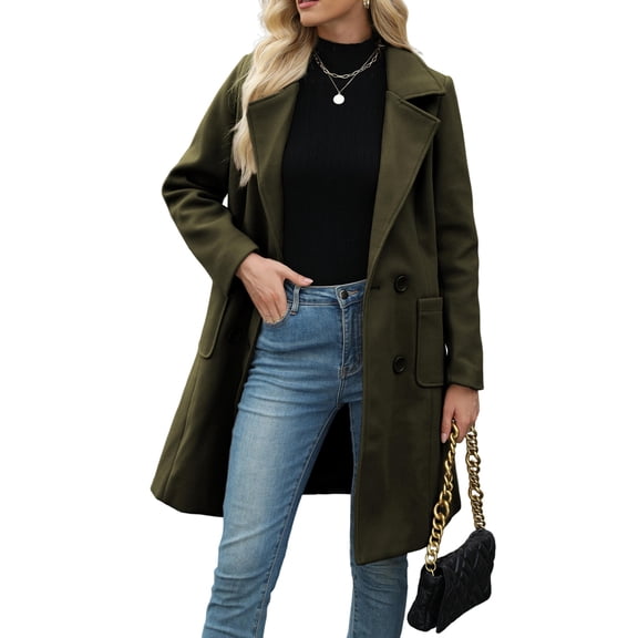 Women Winter Wool Blend Mid-Long Coat Double-Breasted Lapel Jacket Outwear Army Green S