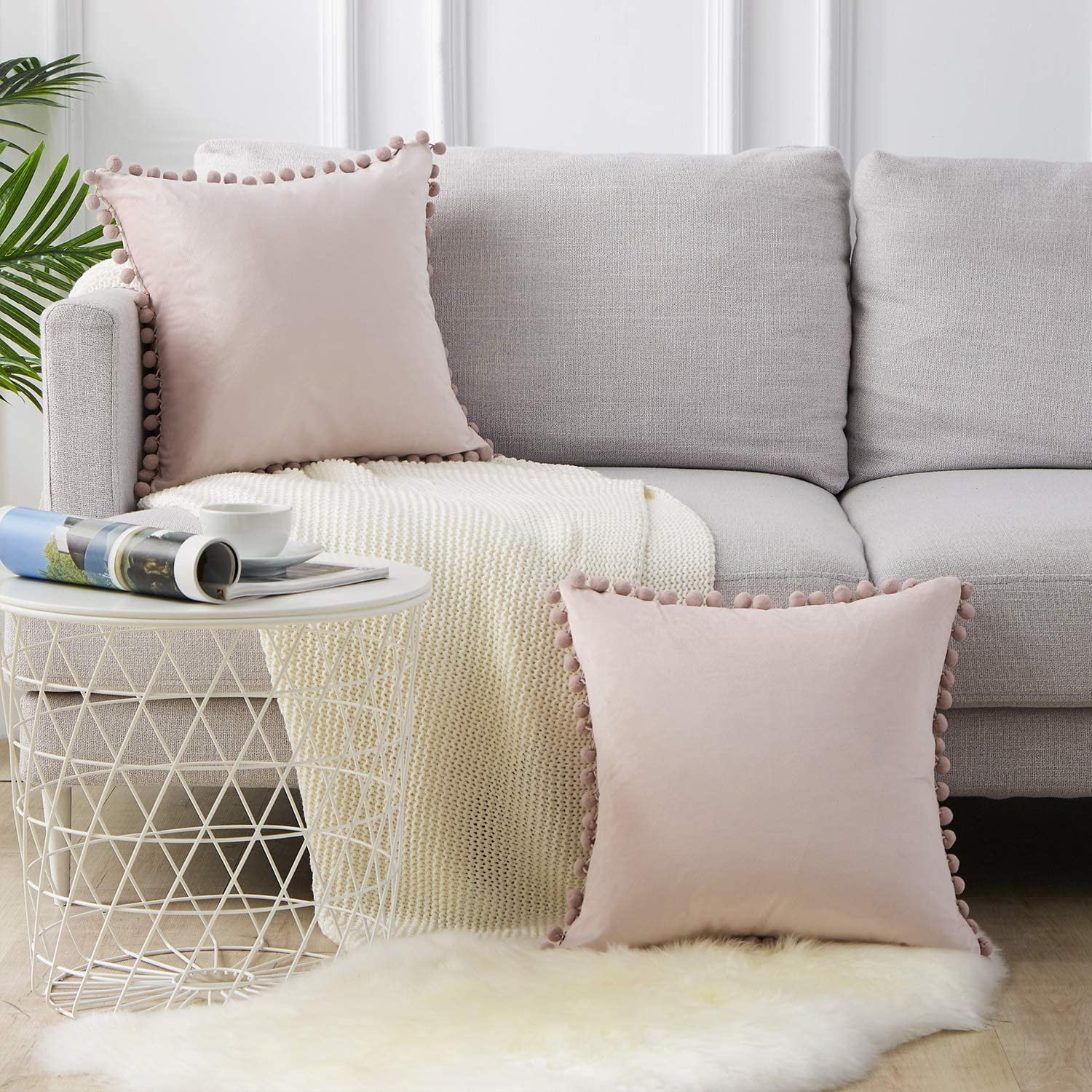 Shenmo Set Of 2 Velvet Cushions With Pompoms Solid Color Cushion Covers Decorative Cushion Cover Pillows Seat Cushions Decorative Cushions Couch Cushi