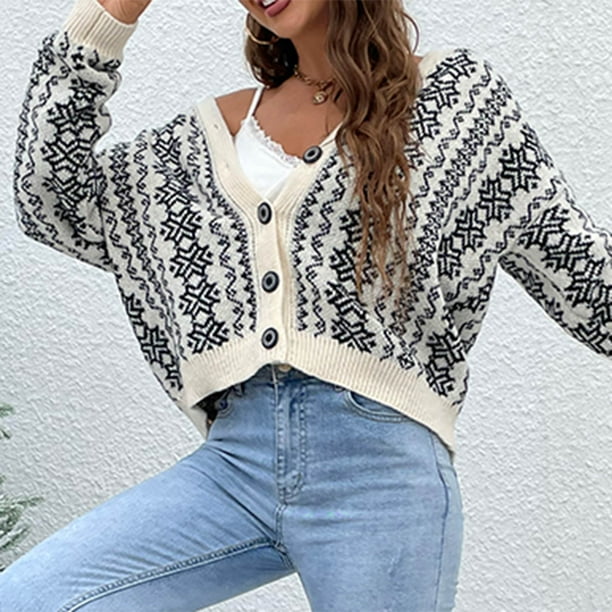 jovati Womens Sweaters Cardigan Womens Snowflake Vertical Bar Breasted Loose Knit Cardigan Sweater Womens Autumn And Winter New Style