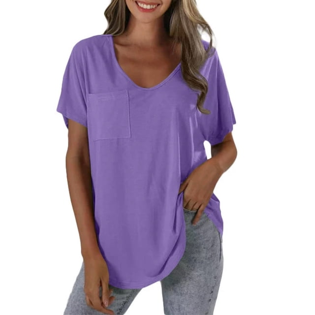 Yubnlvae T-Shirt Décontracté à Poche à Manches Courtes pour Femmes, T-Shirt Décontracté à la Mode pour Femmes Uni avec Poche, Liquidation! Uni, Col Rond, Violet, G