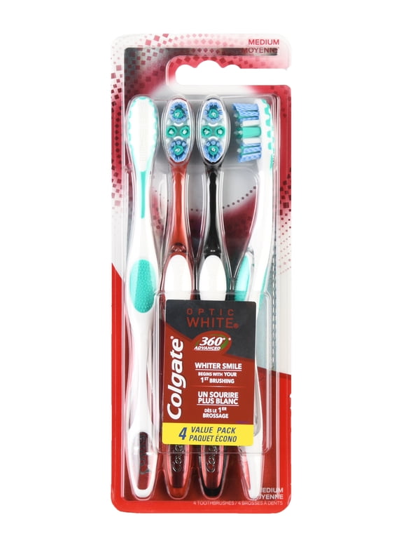 Colgate 360 Advanced Optic White Whitening Manual Toothbrush with Tongue and Cheek Cleaner, Medium, 4 Ct