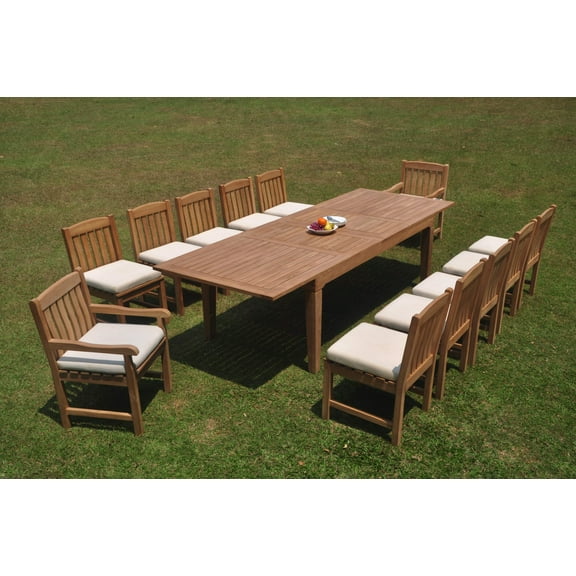 Grade-A Teak Dining Set: 12 Seater 13 Pc: 122" Caranas Double Extension Rectangle Table And 12 Devon Chairs (2 Arm & 10 Armless Chairs) WholesaleTeak #WMDV52