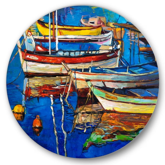 Designart 'Boats Near Coastal Town Resting On The Water II' Nautical & Coastal Circle Metal Wall Art 36x36 - Disc of 36