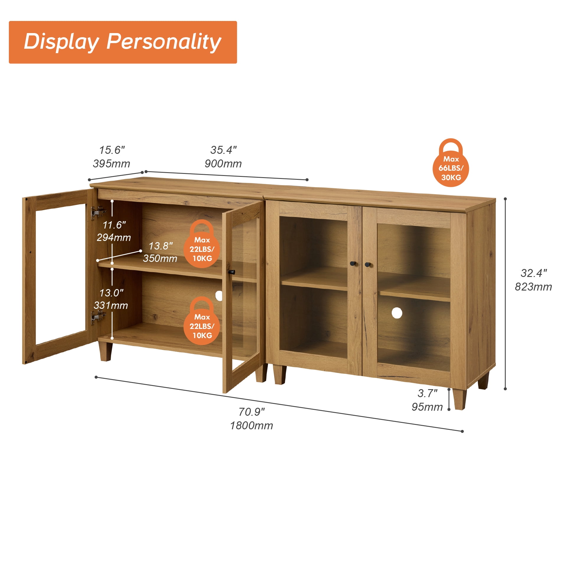 Set of 2 Buffet Cabinet Sideboard With Glass Doors, Adjustable Shelves and Cable Management For Kitchen Dining Room, 71" W, Brown Wood