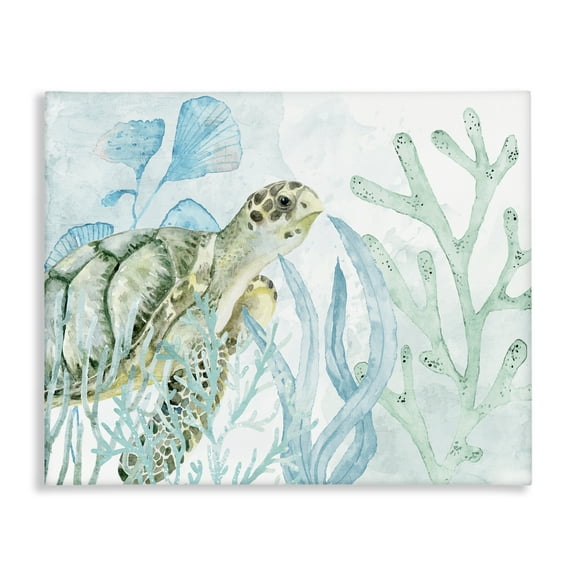 Stupell Industries Turtle in Watercolor Coral Animals Painting Wrapped Canvas Art Print Wall Art, 20 x 16