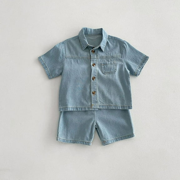 CUZIBR Boys Outfits Sets Solid Color Denim Lapel Button Front Short Sleeve Shirt Matching Shorts 2 Pieces Casual Summer Set For Baby Toddler Kids Breathable Stylish Clothes,Light Blue,2-3 Years