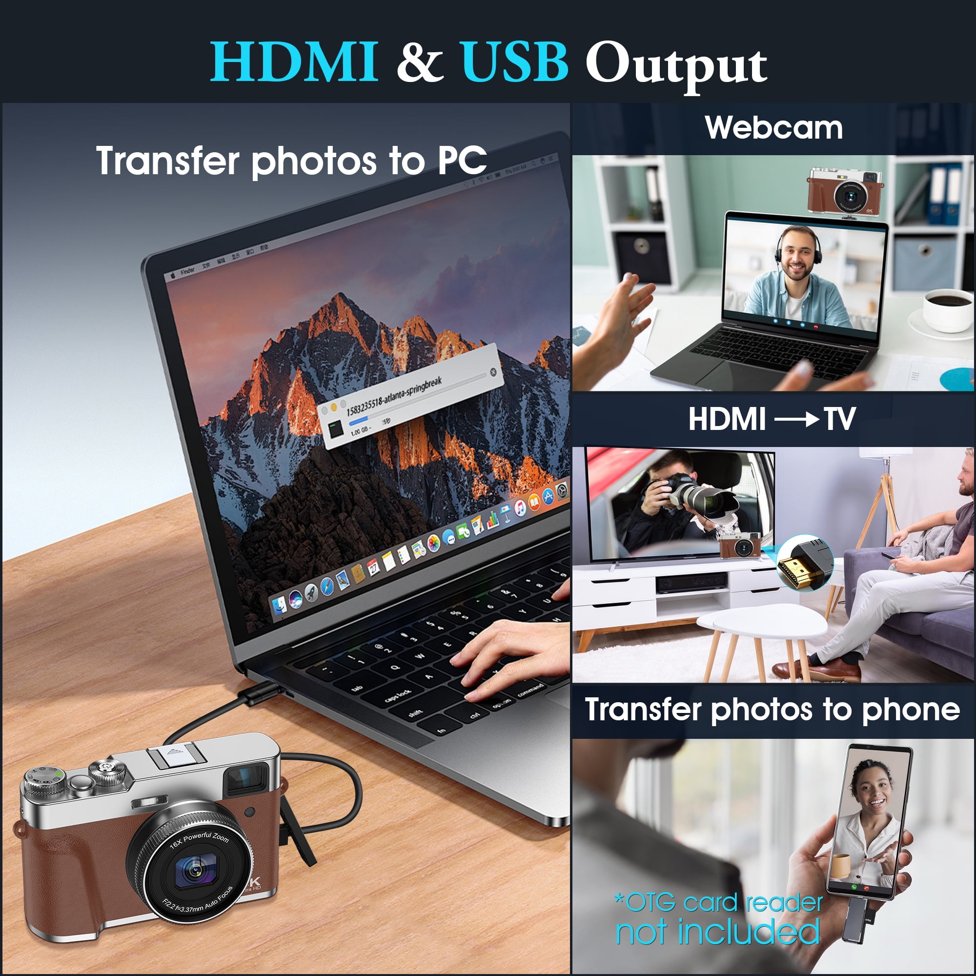 Digital Camera 4K Autofocus Anti-Shake 16X Zoom 48MP Compact Point and Shoot Digital Camera with 32GB Micro Card, Brown