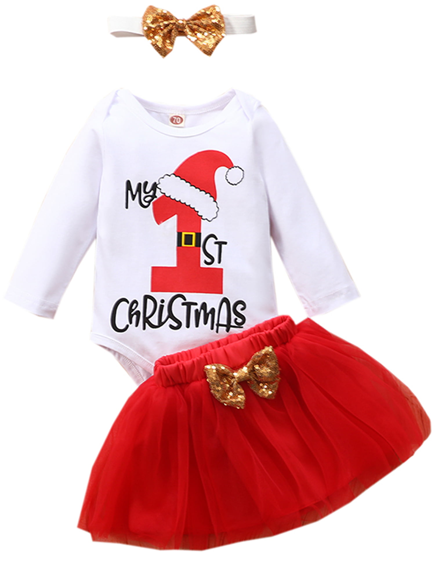 Christmas Newborn Clothes Infant Baby Girls My 1st Christmas Romper Dot Tutu Skirt Bow Sequins 3Pcs Outfits Set