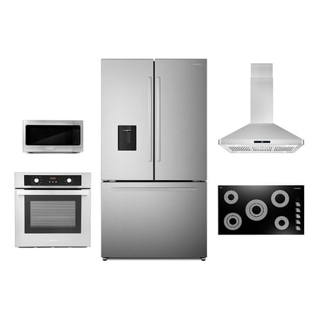 5 Piece Kitchen Package With 30  Electric Cooktop 24  Single Electric Wall Oven 30  Over-the-range Microwave & French Door Refrigerator