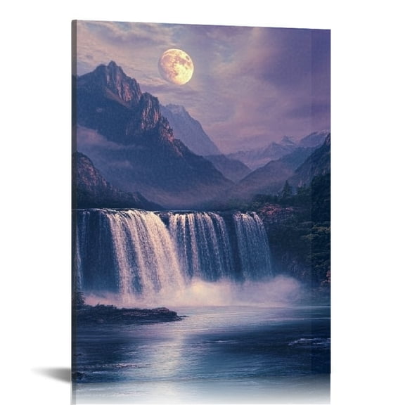 RKSupls Moonlit Mountain Waterfall Canvas Wall Art, Canvas Prints Wall Art for Living Room Bedroom Entryway Office, Art Print Painting for Home Decor