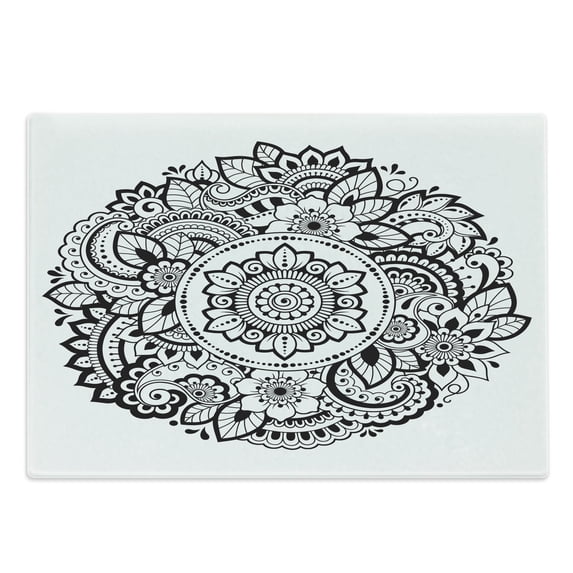 Floral Cutting Board, Detailed and Oriental Floral Motifs and Paisley Like Details, Decorative Tempered Glass Cutting and Serving Board, in 3 Sizes, by Ambesonne