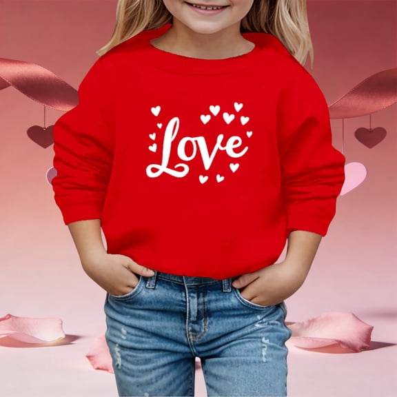CUZIBR Girls Shirt Heart Pattern Letter Print Pullover Sweatshirt Long Sleeve Shirts Valentine'S Day Loose Relaxed Dailywear Fitted Blouse,Red,4-5 Years