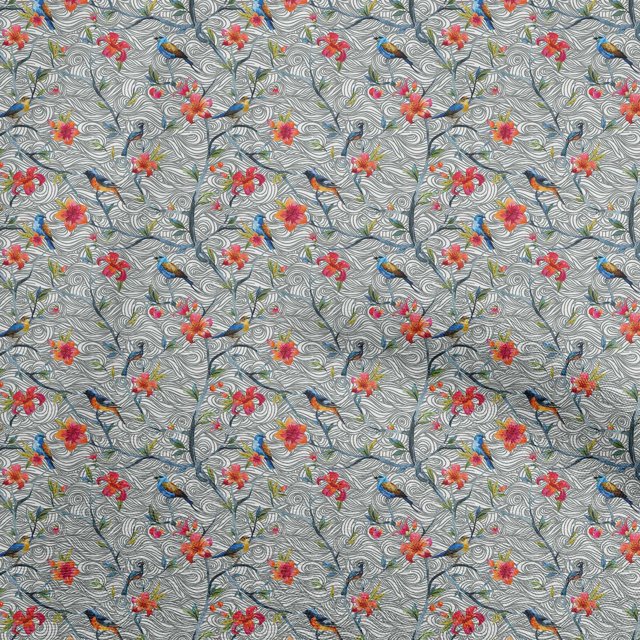 oneOone Polyester Spandex Gray Fabric Floral Flower With Bird Craft Projects Decor Fabric Printed By The Yard 56 Inch Wide