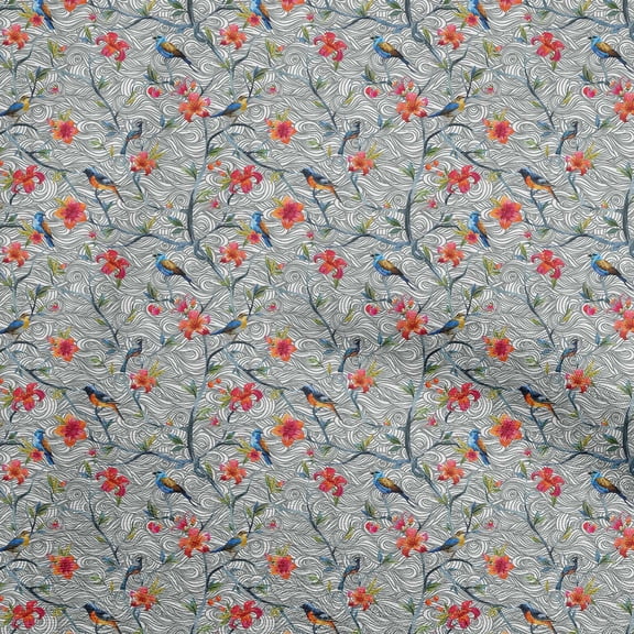 oneOone Rayon Gray Fabric Floral Flower With Bird Sewing Material Print Fabric By The Yard 56 Inch Wide