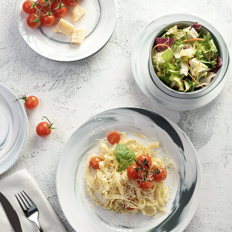 Divitis Home 16-Piece Bone China Dinnerware Set - Infinity White Round Plates & Bowls