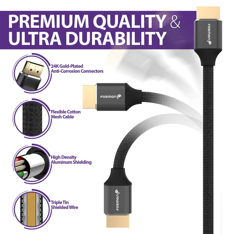 Fosmon HDMI 2.1 Cable 8K@60Hz 1ft (2 Pack), Premium Certified 48Gbps Ultra High Speed, 4K@120Hz, Dynamic HDR, HDCP 2.3, 3D, eARC, 4:4:4, Cotton