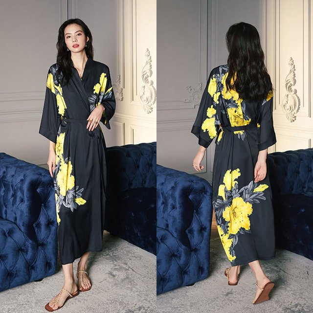 Pijama de satén para mujer, de verano, de talla grande, ligero, de lujo, con mangas de siete puntos, camisón fresco, bata de baño, ropa de casa para mujer WP2669