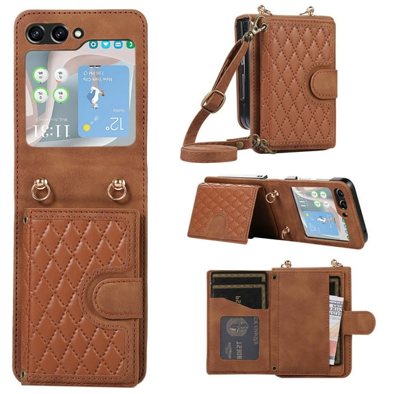 Crossbody Wallet Women Case for Samsung Z Flip 5,[RFID Blocking] Cbrownit Card Holder with Should Strap,Premium PU Leather Purse Diamond Patterned Folio Cover for Samsung Galaxy Z Flip 5,brown