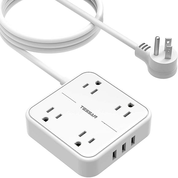 Flat Plug Power Bar with USB, Wall Mount Long Extension Cord Indoor 9.8 FT, TESSAN 4 Widely Spaced Outlet 3 USB Power