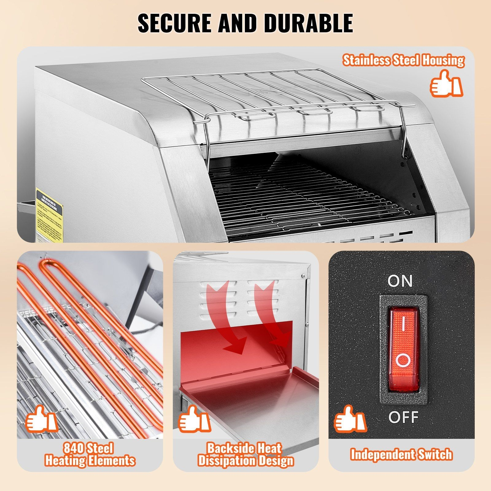 Commercial Toaster Conveyor - 300 Slices/Hour, Stainless Steel Electric Restaurant Toaster for Buns, Bagels, Bread - Heavy Duty Conveyor Belt Toaster Oven