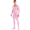 thumbnail image 2 of YONGHS Men's Shiny Glossy Long Sleeve Unitard Full Bodysuit Leotard Jumpsuit Halloween Zentai Pink XL, 2 of 7