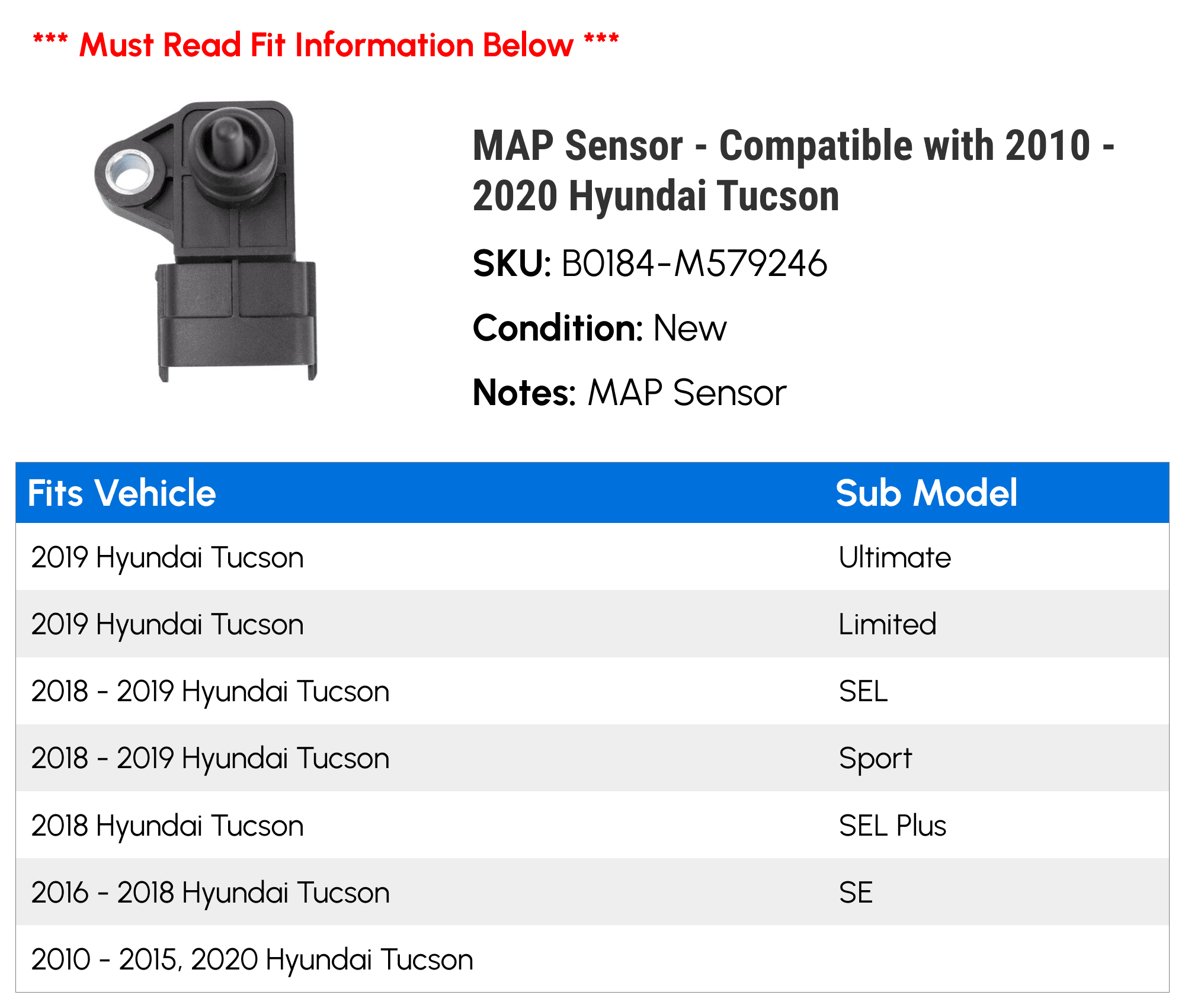 MAP Sensor - Compatible with 2010 - 2020 Hyundai Tucson 2011 2012 2013 2014 2015 2016 2017 2018 2019