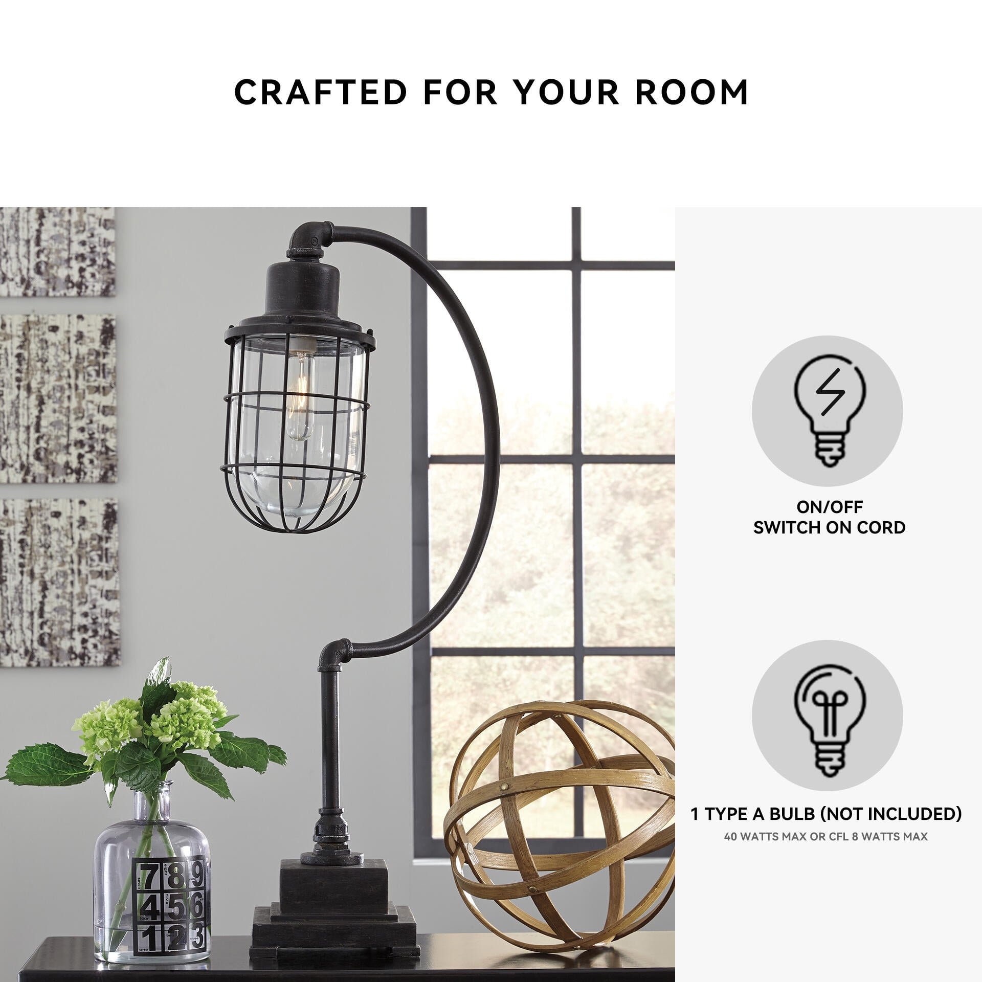 Signature Design by Ashley Jae Metal Desk Lamp, Black, Industrial Cage Desk Lamp with Glass Shade