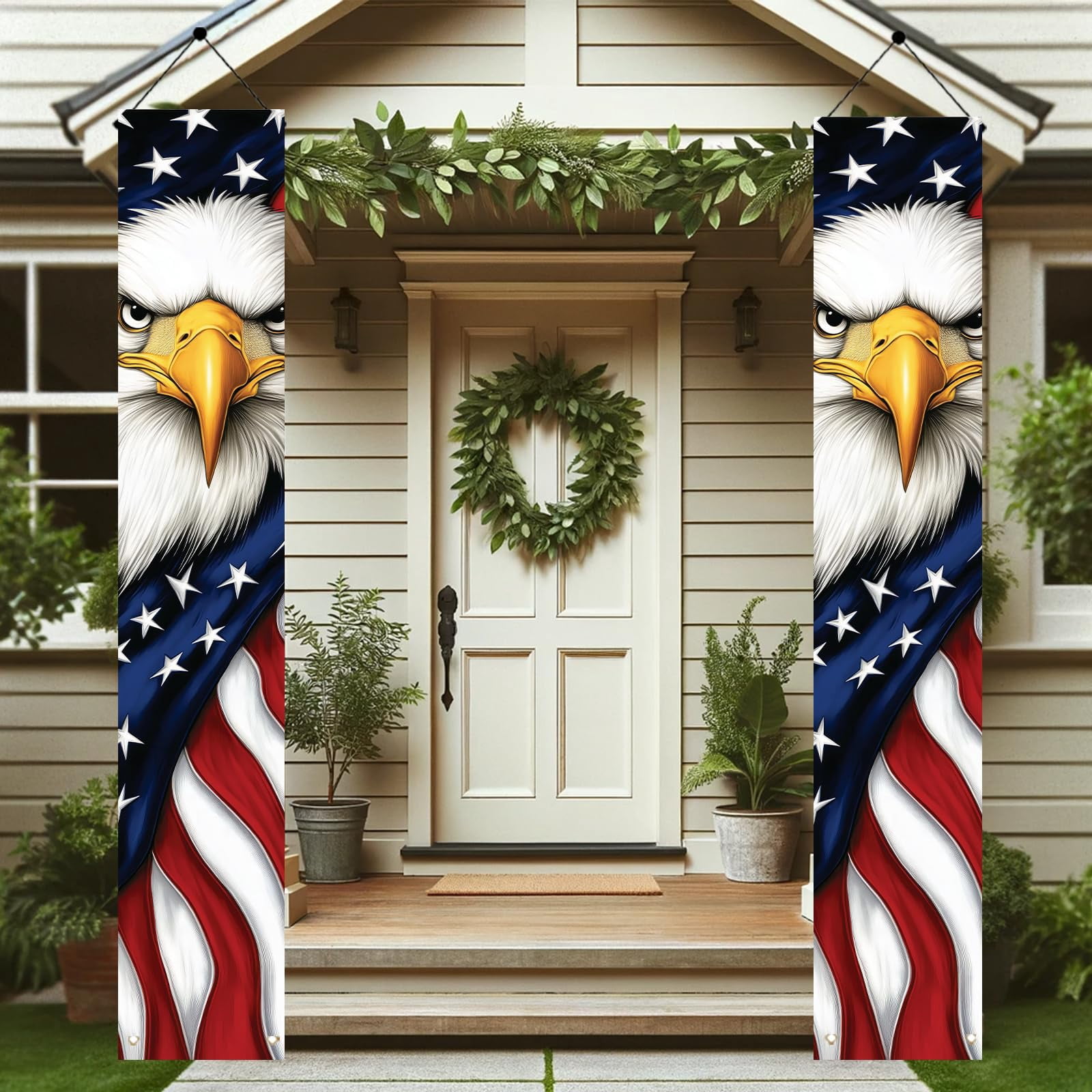 Patriotic Eagle Porch Banners 71x12 Inch American Flag Independence Day Outdoor Decorations Bald Eagle Hanging Porch Signs 4th of July Memorial Day Veterans Day Home Decor