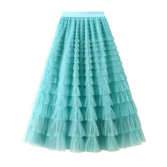 Ediodpoh Women's Skirts A Line Pleated Long Tutu Skirt with Ruffle Mesh Calf Length Chiffon High Waist Cake Skirt Ballet Skirt Sky Blue M