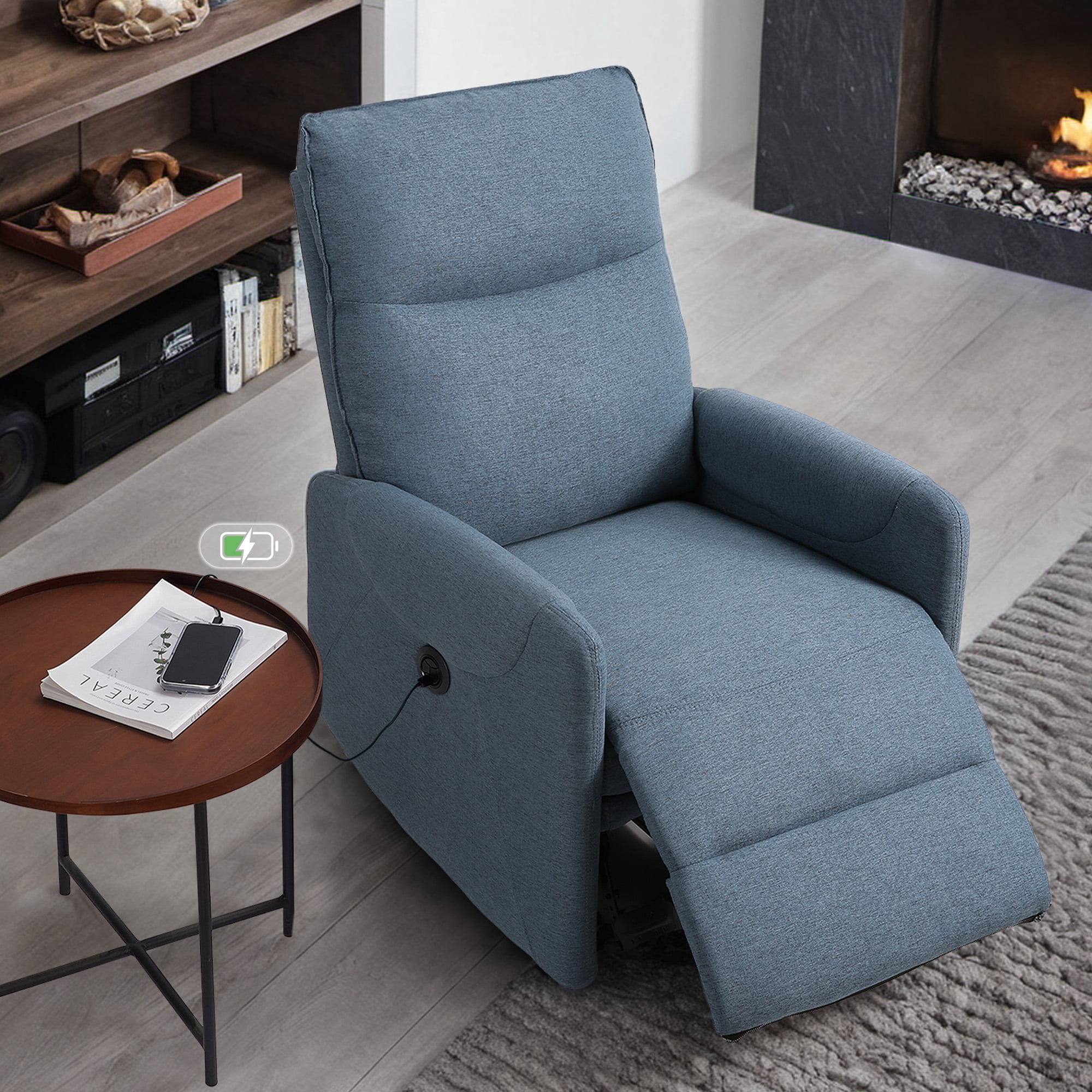 MARNUR Electric Recliner Chair with USB Charge Port, Weight Capacity 360lb, One Button Free Control Angle, Fluffy Plush Backrest, Linen, Blue