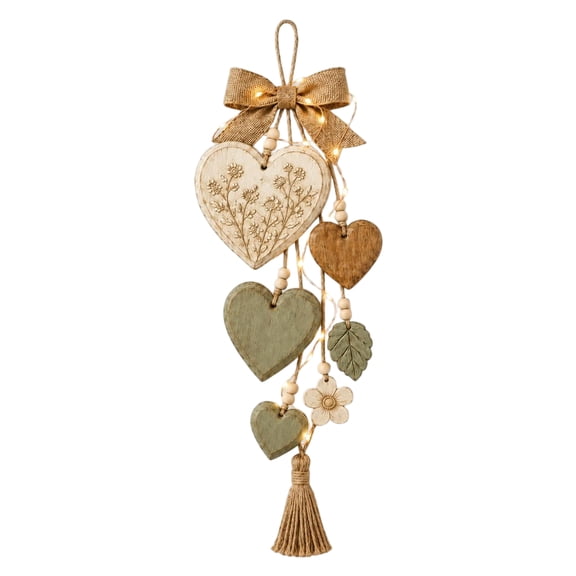 LED Glowing Rustic Wood Heart Wall Hanging Ornament, Farmhouse‑Style Multi‑Size Wooden Heart Door Decor with Warm Fairy Lights, Burlap Bow and Tassel for Indoor Home Wall Displays