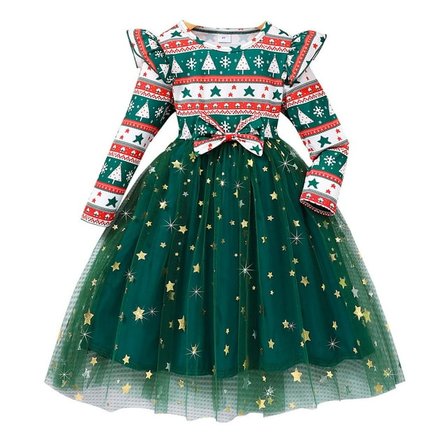Zanarzt Robes pour Filles Robes en Tricot Côtelé en Tulle Robe de Noël pour Enfants à Manches Longues à Col Rond Robe en Maille à Écailles de Poisson Vert, 4 Ans