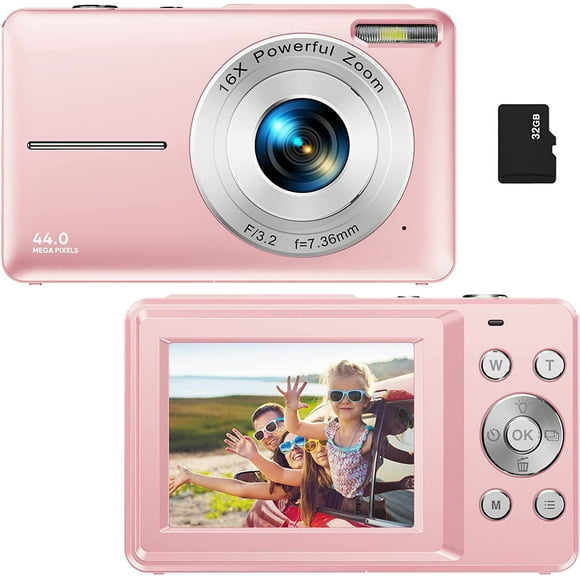 Digital Camera, Kids Camera with 32GB Card FHD 1080P 44MP Vlogging Camera 16X Zoom Compact Portable Mini Rechargeable Camera Gifts for Students Teens Adults Girls Boys-Pink