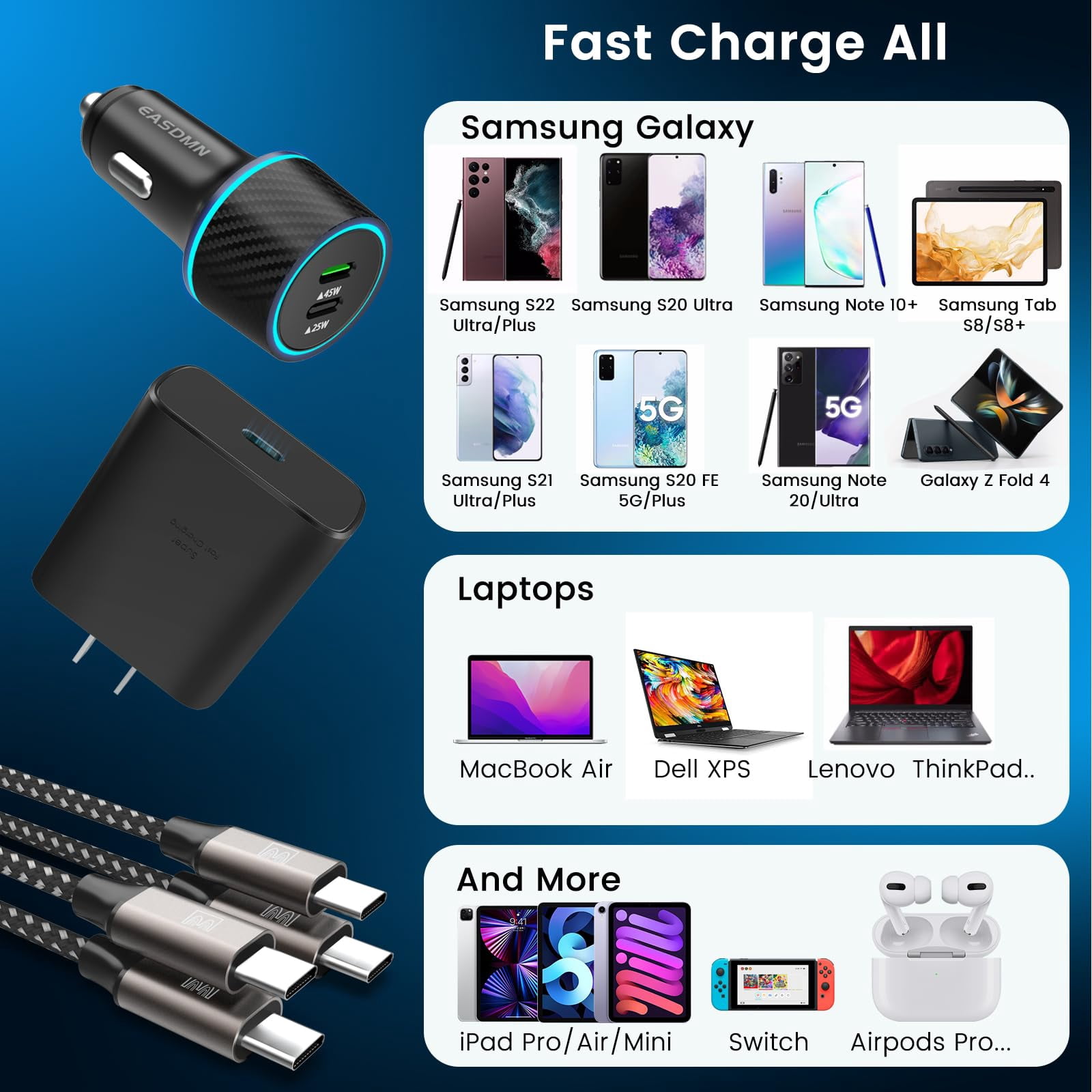 Quyaojz 45W USB-C Charger, 2-Pack 45 Watt Super Fast Charger Type C PPS Wall/Car Charger for Samsung Galaxy S26 Ultra/S26+/S25 Ultra/S24+/S23/S22 Ultra/Note 10+, Tab S9 (12FT+6.6FT 5A Type C Cable)