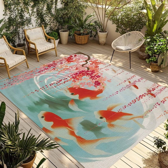 Cherry Blossoms Outdoor Rug for Patio/Deck/Porch, Non-Slip Large Area Rug 3 x 5 Ft, Farmhouse Rustic Goldfish Burlap Indoor Outdoor Rugs Washable Area Rugs, Reversible Camping Rug Carpet Runner