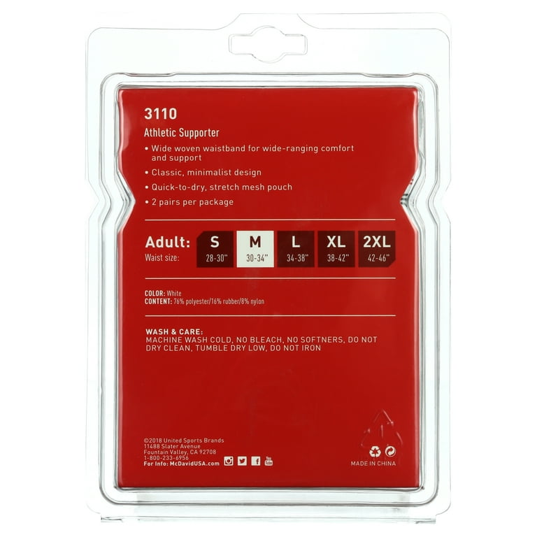 McDavid Jock Strap Athletic Supporter, 2-Pack, Adult M, White, Polyester