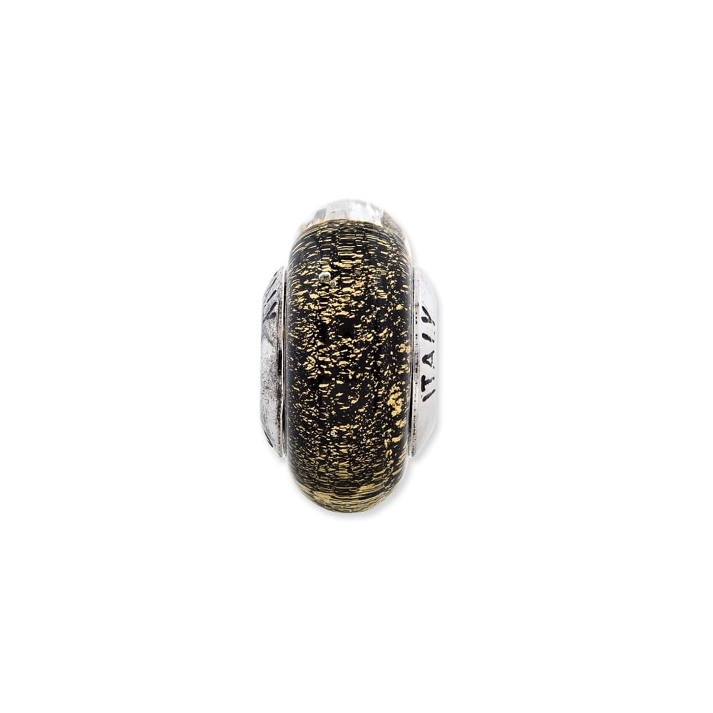 925 Sterling Silver Reflections Black/Gold Italian Murano Glass Bead; for Adults and Teens; for Women and Men