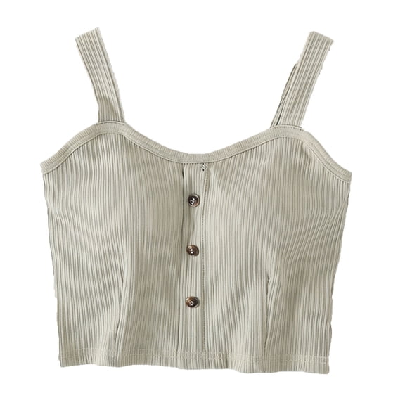 MOJOGO Cropped Tank Tops for Women Textured Square Neck Cami Tops Button Wide Strap Sleeveless Tops for Summer Wear Green L