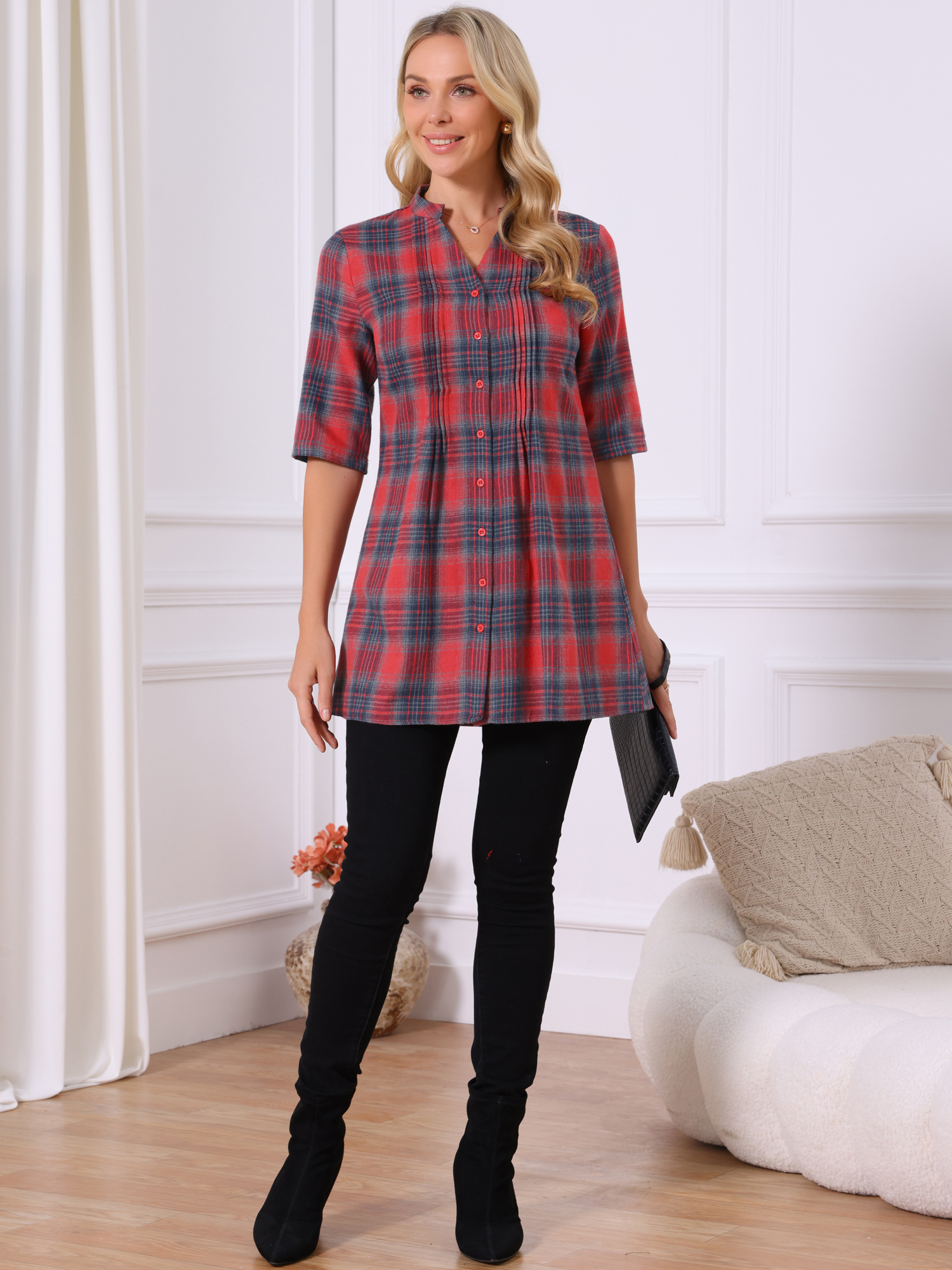 DARING DIVA Women's Check Top V Neck Half Sleeve Casual Tunic Blouse Red M