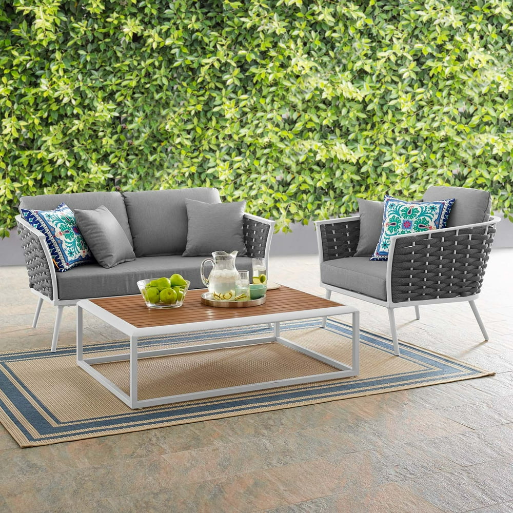 Stance 3 Piece Outdoor Patio Aluminum Sectional Sofa Set in White Gray