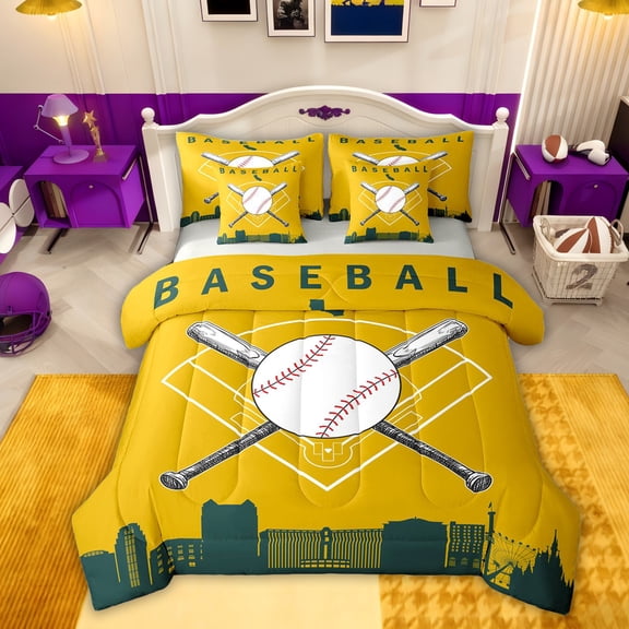 Erosebridal Kids Est Sleep Sport Twin Bedding Sets 7-Piece, Baseball Game Bedding Comforter Set, Gold Green