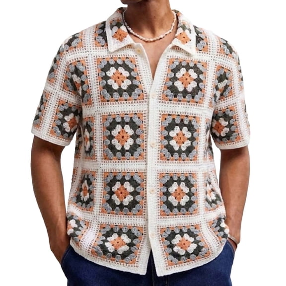 Tshirts Shirts for Men,Men's Knitted Shirt Summer Vintage Striped Short Sleeve Casual Button Down Shirts Sweater