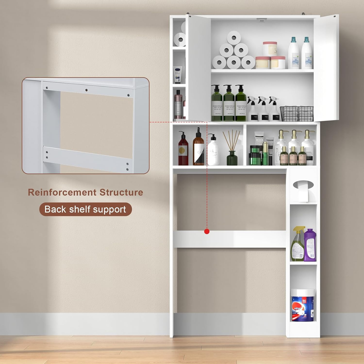 Frmobepts Over The Toilet Storage Cabinet with Toilet Paper Holder Stand, Above Toilet Organizer with Doors, Behind Toilet Shelf for Restroom, Bathroom, Laundry, White