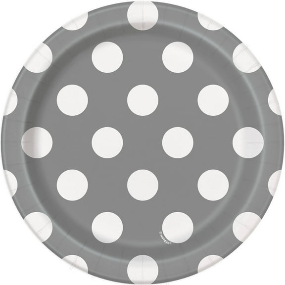 Polka Dot Paper Dessert Plates, Silver, 7in, 8ct