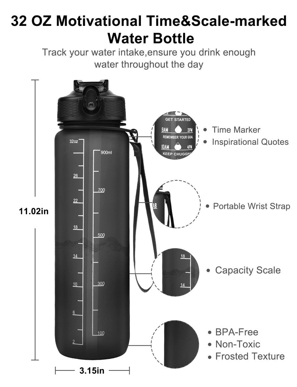 AIMTYD 32oz Motivational Fitness Sports Water Bottle with Time Marker &  Removable Strainer,Fast Flow,Flip Top Leakproof Durable BPA Free Non-Toxic  