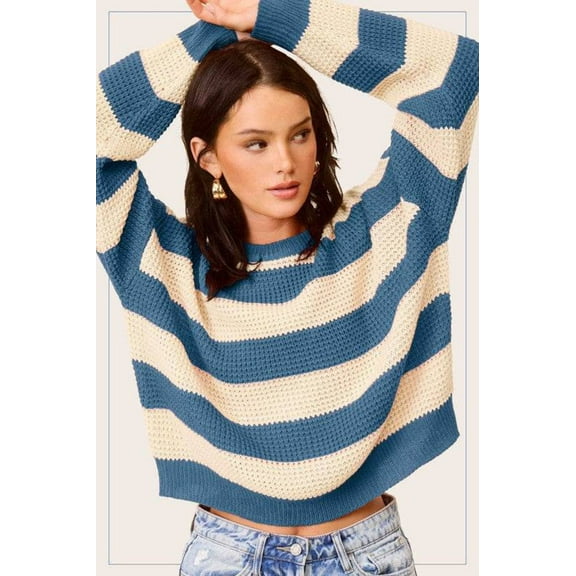 La Miel Striped Round Neck Long Sleeves Loose Fit Sweater-Rosa Apparel