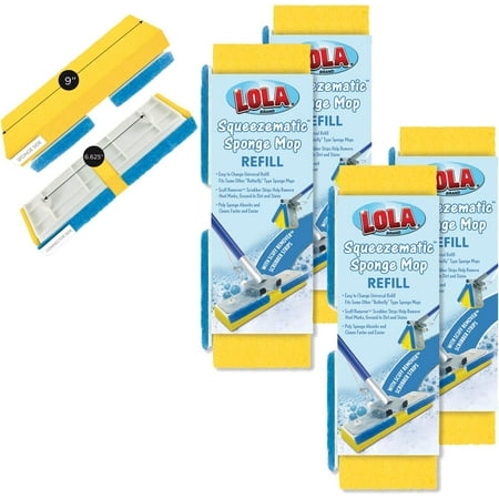 LOLA Squeeze Matic Butterfly Sponge Mop Refill, 9", 4 Pack Replacement Head, Floor Cleaning, Comparable w/Quickie Type S Sponge Mop Refill